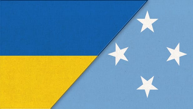 Flags of Ukraine and Micronesia - 3D illustration. Territory of subregion of Oceania. National symbols of Ukraine and Micronesia. Ukrainian and Micronesian. diplomatic relations