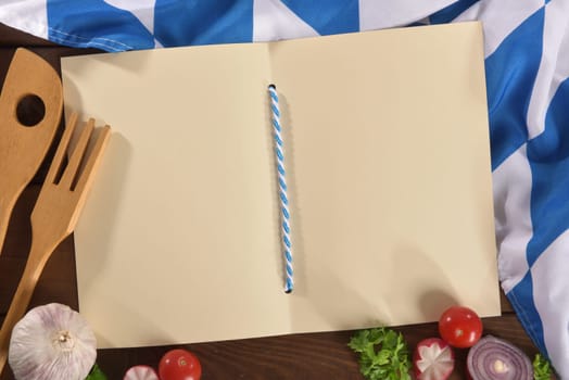 Bavarian menu with Bavarian flag and vegetables on wooden boards