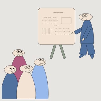 at the training, the teacher explains at the blackboard in front of the audience