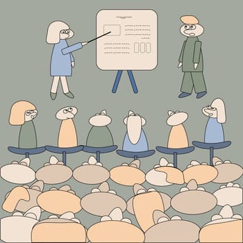 at the training, the teacher explains at the blackboard in front of the audience