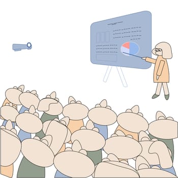 at the training, the teacher explains at the blackboard in front of the audience