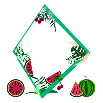 for the design of invitations, a rectangular frame of watermelons, melons and cherries on a light background