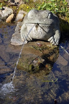 Wasser speiender Frosch aus Stein an einem Gartenteich