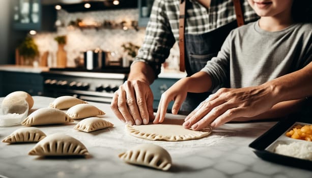 An extreme close-up captures the hands of a mother and her young daughter as they meticulously prepare empanadas, highlighting the beauty and detail of their culinary collaboration in a modern kitchen setting.