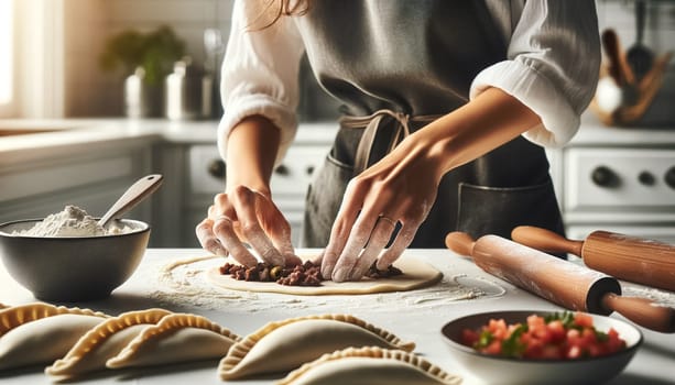 A side perspective captures a woman's hands as she meticulously prepares empanadas, surrounded by vibrant ingredients and modern kitchen aesthetics. The natural light enhances the warm and inviting atmosphere of the kitchen.