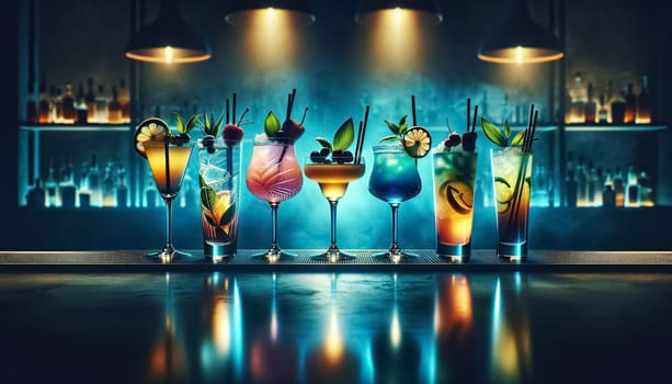 Radiant cocktails glow warmly on the bar, their colors popping against the backdrop of a sleek, cool-toned bar environment, where the minimalist design emphasizes the inviting luminescence of each drink.