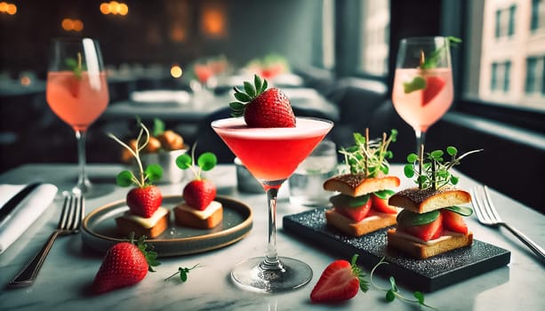 A strawberry cocktail garnished with a fresh strawberry, alongside gourmet toast topped with microgreens and a plate of sliders. The scene is set in a dimly lit atmosphere, with soft light highlighting the vibrant colors of the food and drink.