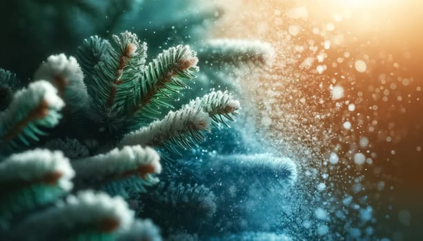 This image captures the exquisite details of an evergreen's snow-dusted needles and branches, set against a background of out-of-focus particles in warm hues. The mixture of cool tones on the tree with the warmer, blurred background offers a visually appealing contrast, enhancing the wintry scene.