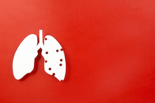 World tuberculosis day. Top view Lungs paper decorative symbol on red background, copy space, concept of world TB day, no tobacco, Medical and healthcare, lung cancer awareness, 24 March