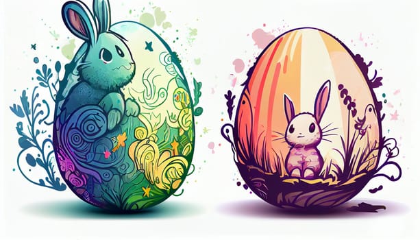 Easter Day Concept. Watercolor easter bunny in the eggs, elements illustrations, cartoon holiday painted background, AI Generative