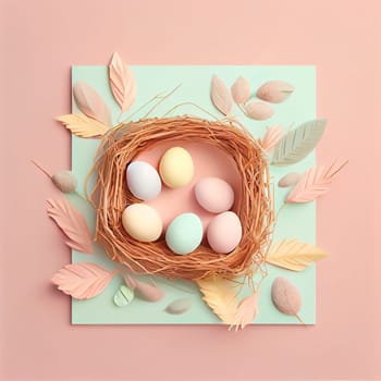 Happy Easter Day Concept. Top view easter eggs isolated on white background with copy space for text, template header for website, AI Generative