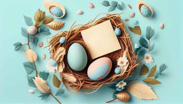Happy Easter Day Concept. Top view easter eggs isolated on white background with copy space for text, template header for website, AI Generative