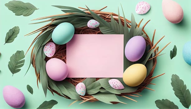 Happy Easter Day Concept. Top view easter eggs isolated on white background with copy space for text, template header for website, AI Generative