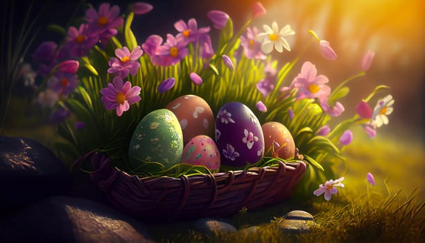 Happy Easter Day Concept. Easter eggs in basket on green grass garden and sunny spring, template banner for website, AI Generative