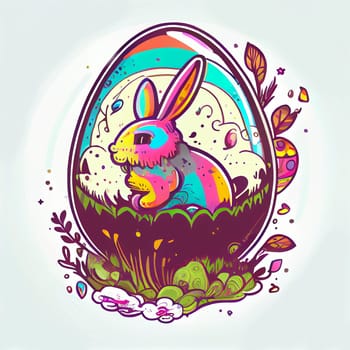 Easter Day Concept. Watercolor easter bunny in the eggs, elements illustrations, cartoon holiday painted background, AI Generative