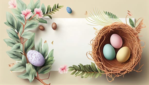 Happy Easter Day Concept. Top view easter eggs isolated on white background with copy space for text, template header for website, AI Generative