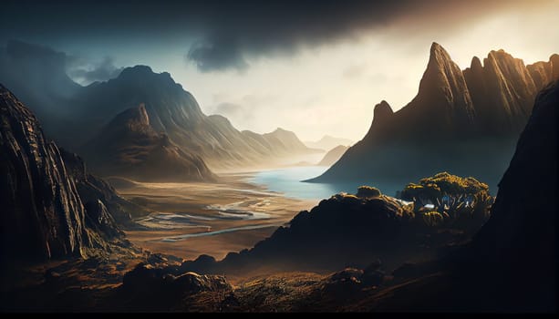 Beautiful landscape with high mountains and lagoon water with sunlight golden sunrise, nature, Generative AI