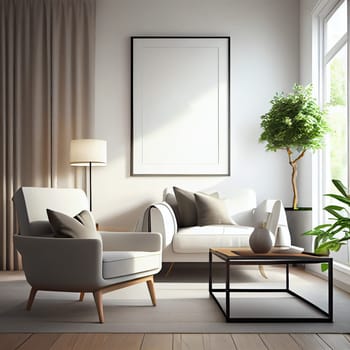 Modern interior design armchair sofa in living room with near windows and mock up poster frame in wall at home, Neutral living room, empty nobody, 3D render by Generative AI