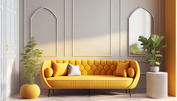 Modern interior design yellow armchair sofa in living room with and mock up poster frame in white wall at home, lifestyle living room design, empty nobody, 3D render by Generative AI