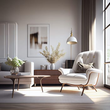 Modern stylish interior design with armchair sofa furniture in living room at home, lifestyle living room design, empty nobody, 3D render illustration by Generative AI