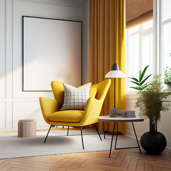 Modern interior design yellow armchair sofa in living room with and mock up poster frame in white wall at home, lifestyle living room design, empty nobody, 3D render by Generative AI