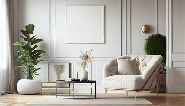 Modern interior design armchair sofa in living room with near windows and mock up poster frame in wall at home, Neutral living room, empty nobody, 3D render by Generative AI