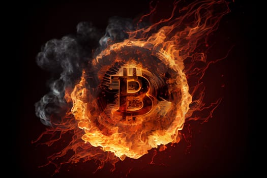 Burning in fire golden bitcoin on black background, Bitcoin coin in flames, burn cryptocurrency bit coin money, crash and blockchain bubble, Generative AI