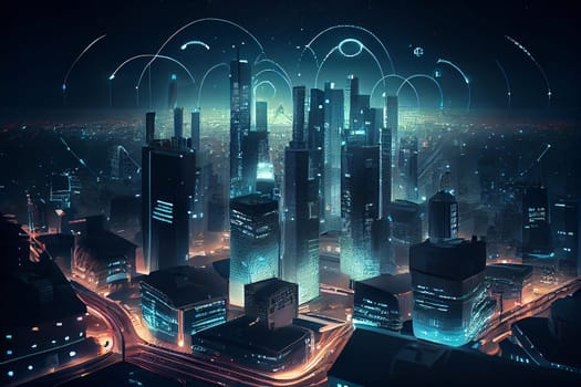 Smart cityscape skyline and communication 5G network online, night internet of things, Generative AI