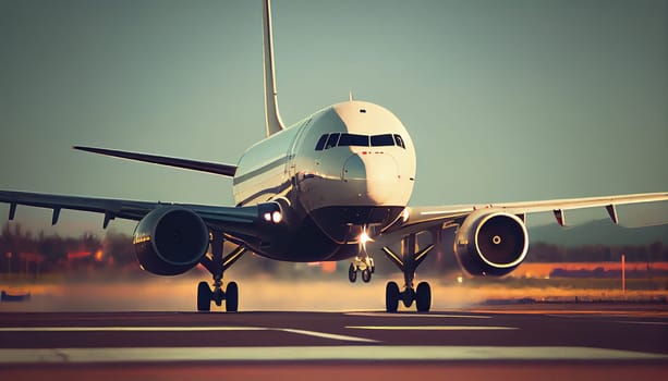 Airplane taking off from the airport, Passenger plane fly up over take-off runway under dramatic sky, Generative AI