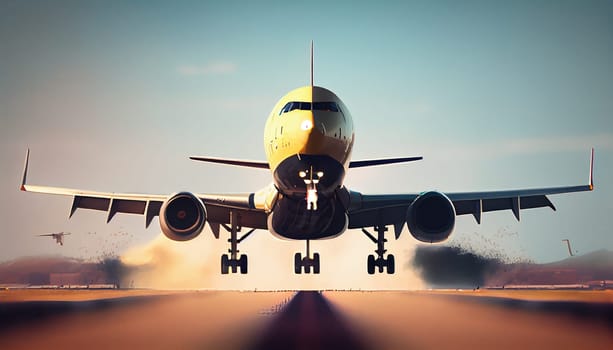 Airplane taking off from the airport, Passenger plane fly up over take-off runway under dramatic sky, Generative AI