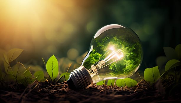 Green forest with moss and grass lightbulb, Concepts of environmental conservation circular economy environment sustainability, Generative AI