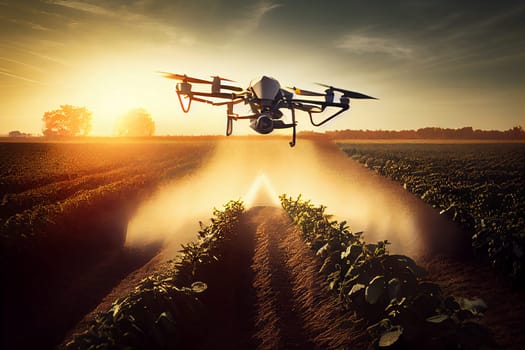 Agriculture drone fly to sprayed fertilizer on fields garden farm, Technology smart farming controlled, Generative AI