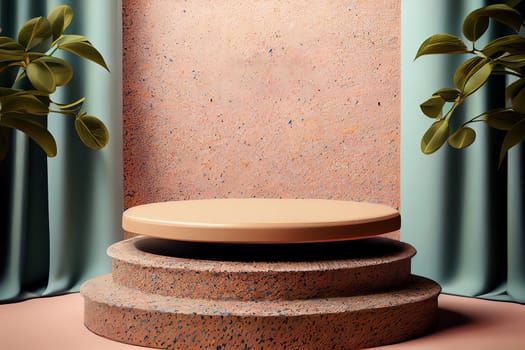 Minimal modern product display cosmetic products, empty scene Cylindrical podium with green leaves products presentation, Generative AI