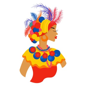 Colombian woman portrait in carnival costume. Hispanic woman in colorful clothes with fruits and feathers