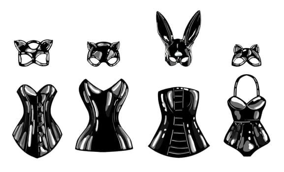 latex cat and rabbit mask. black latex. female corset. fetish.