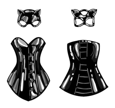 latex cat and rabbit mask. black latex. female corset. fetish.