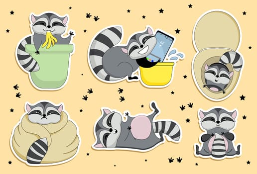 Raccoon stickers. Funny raccoons characters stickers for planner.