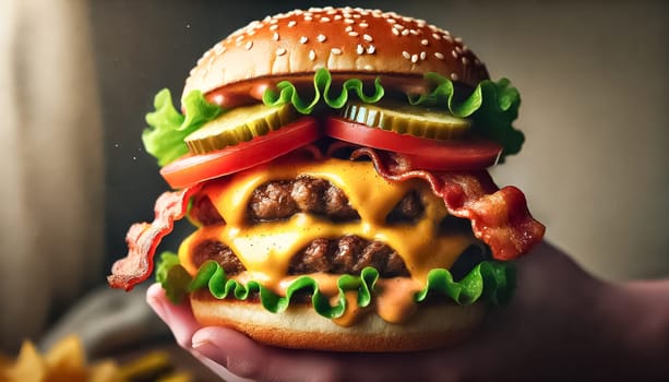 A mouthwatering close-up of a juicy cheeseburger held by a person, featuring melted cheese, crispy bacon, fresh lettuce, tomato, and pickles all packed between a soft golden bun. The blurred background emphasizes the vibrant colors and textures, making the burger the star of the image.