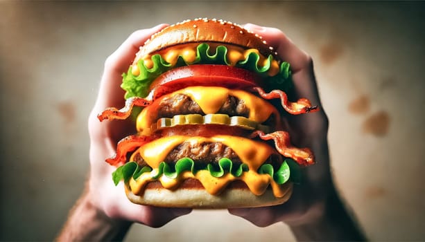 A mouthwatering close-up of a juicy cheeseburger held by a person, featuring melted cheese, crispy bacon, fresh lettuce, tomato, and pickles all packed between a soft golden bun. The blurred background emphasizes the vibrant colors and textures, making the burger the star of the image.