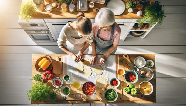 From a unique top-down perspective, a grandmother and her daughter enjoy making empanadas, surrounded by vibrant ingredients in a light-filled kitchen.