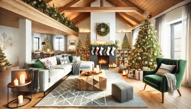 The modern living room is adorned with festive Christmas decorations, including a beautifully lit tree, garlands, and stockings. Cozy elements like candles, holiday-themed pillows, and blankets create a warm and inviting holiday atmosphere, complemented by large windows and wooden ceiling beams.