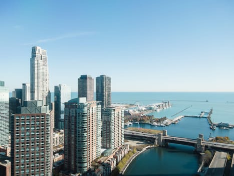 Chicago, Illinois, USA-November 9, 2023-A breathtaking aerial perspective of downtown Chicago, Illinois, captured from a tall building's window.