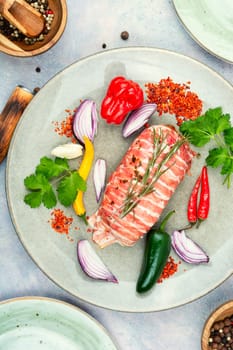 Chicken breast fillet, ingredients and spices for cooking. Top view