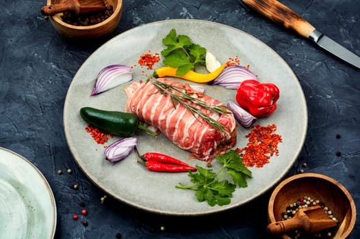 Chicken breast fillet, ingredients and spices for cooking. Top view