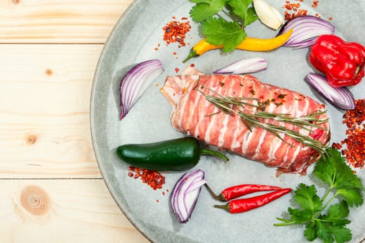 Chicken breast fillet, ingredients and spices for cooking. Top view