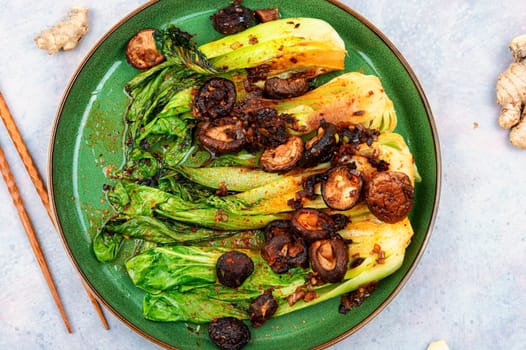 Pak Choi with shitake mushrooms. Asian vegan food