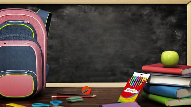 School backpack and objects standing on the table against black backboard. 3D illustration.
