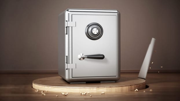 Saw cutting parquet surface with a closed steel safe. 3D illustration.