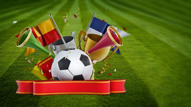Soccer ball, flags, red ribbon and trumpets. 3D illustration