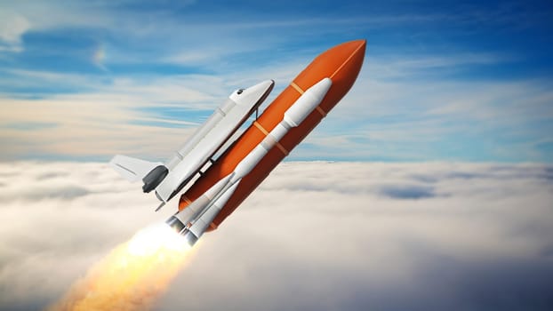 Space shuttle on the rocket moving above the clouds. 3D illustration.